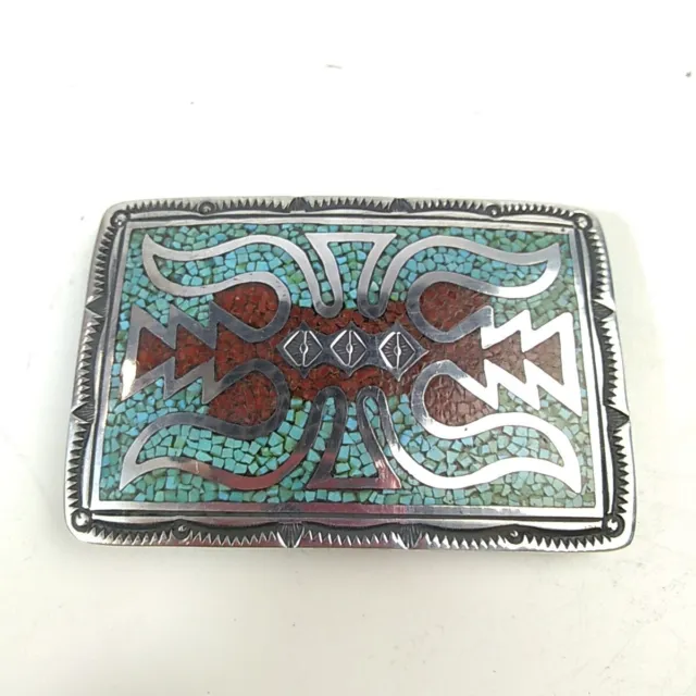 Navajo Coral Turquoise Silver Belt Buckle Mosaic Buffalo Horn Design Crafted