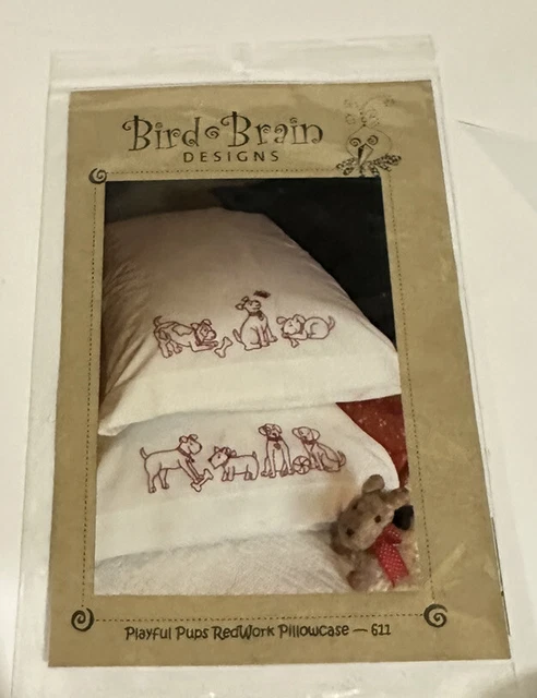 Funda de almohada Bird Brain Robin Kingsley 2012 Playful Pups RedWork patrón 611 NUEVA