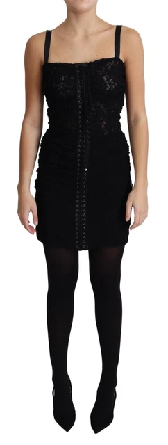 Dolce  Gabbana Black Lace Up Floral Corset Bustier Mini Dress