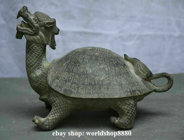 10" Old Chinese Bronze Folk Feng Shui Dragon Turtle Tortoise Longevity Statue