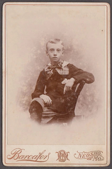 Blond boy knickers plaid bow tie seated cabinet photo Barcafer Neosho MO 1880s