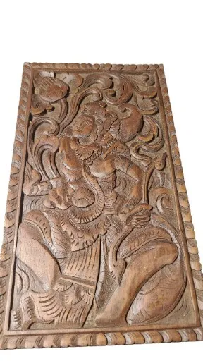 Vintahe Indonesia Mahagony Wood Carved Pierced Deity & Flowers Plaque
