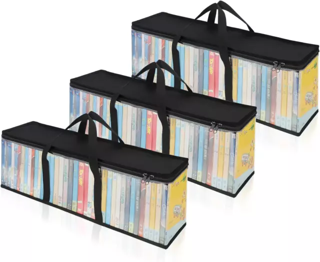 Set of 3 DVD Storage Bags, Clear PVC Media Holder Case w/ Handles for Dvds/Cds..