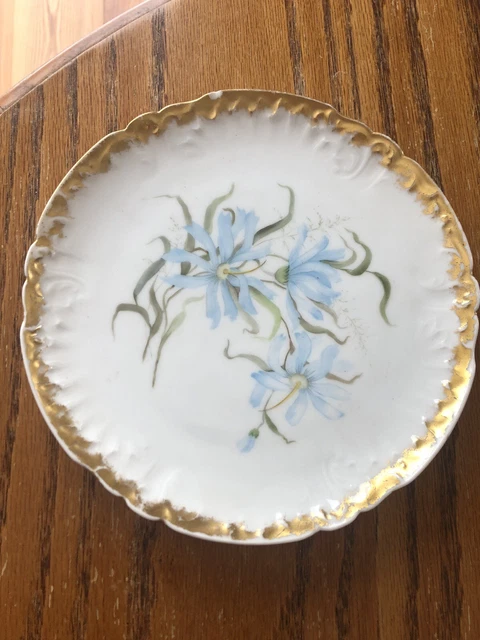 Antique J.P.L. Limoges Fr. 11-1/2" Hand Painted Charger Blue Flowers Gold Edge