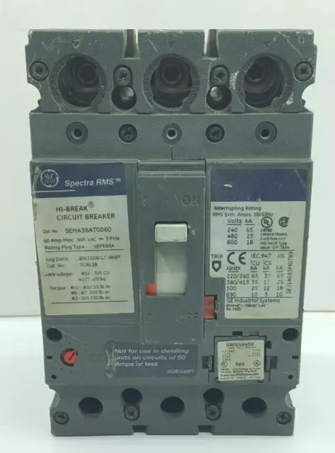 GE SPECTRA RMS SEHA36AT0060 HI_BREAK CIRCUIT BREAKER 50 Amp 3 Pole / TESTED OK