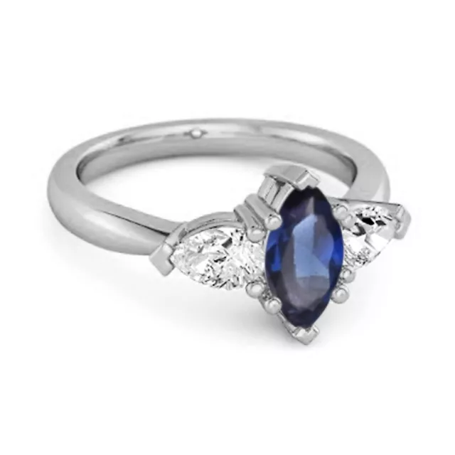 10x5MM Marquise Shape Blue Sapphire 925 Sterling Silver Three Stone Women Ring