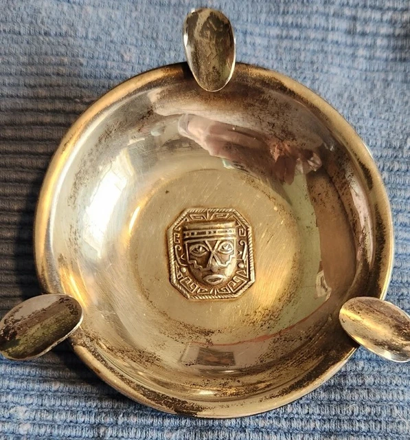 Vintage Sterling Silver 925 Aztec Mayan  Ashtray RARE DESIGN 3"Dish  Mexico 21g