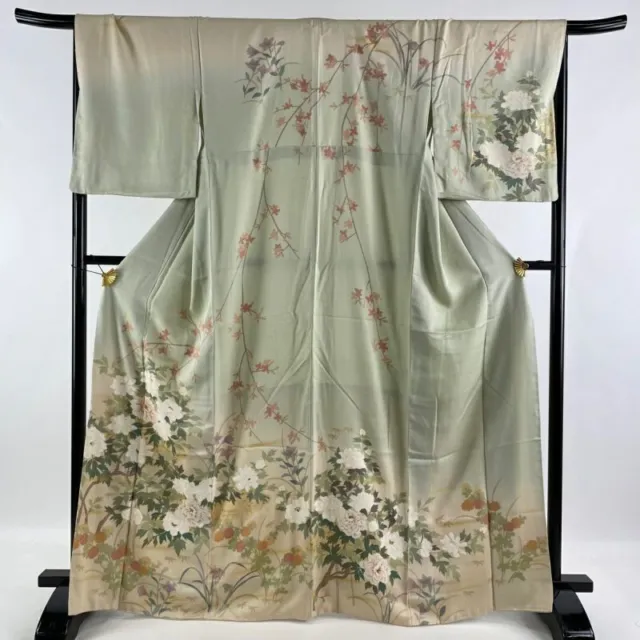 Woman Japanese Kimono Houmongi Silk Peony Flower Gold Foil Pale Green