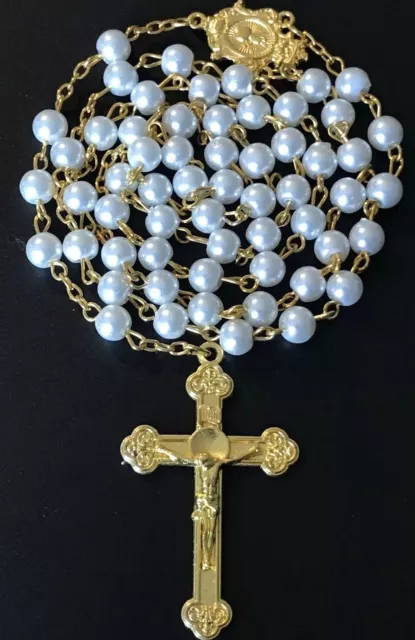 Disfraz Católico De Colección Perla 5 Décadas Rosario Tono Oro Crucifijo Italia