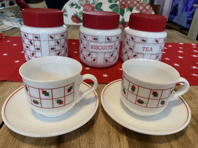 3  X Milk Glass 1980’s Retro ARCOPAL Kitchen Canisters With 2 X cup And Saucers