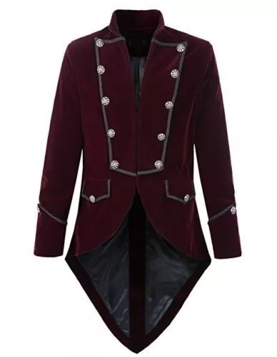 Mens Handmade Steampunk Tailcoat Jacket Goth Victorian Velvet Coat Maroon