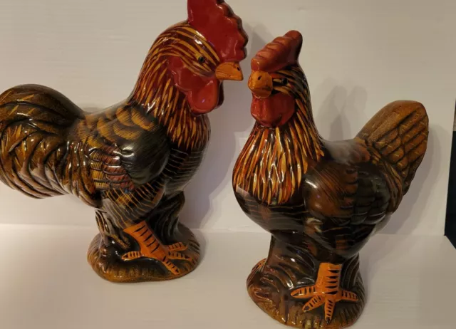 Vintage Redware Clay Pottery Colorful Hand Painted Roosters