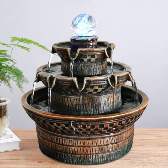 Indoor Water Fountain 3-Tiers w/LED Light Tabletop Waterfall Zen Decor 110 V 3W