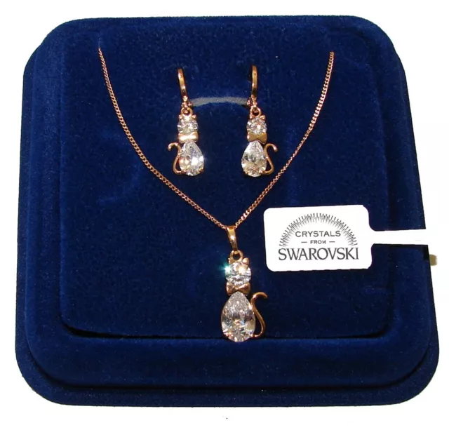 Lot De Collier et Boucles D'Oreilles Pl. Or 18k, Femme Cristaux Swarovski Chat ,