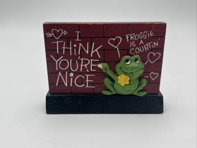 Vintage, Frog "I Think You're Nice Froggie Is A Courtin" Wood Plaque 5"X4"