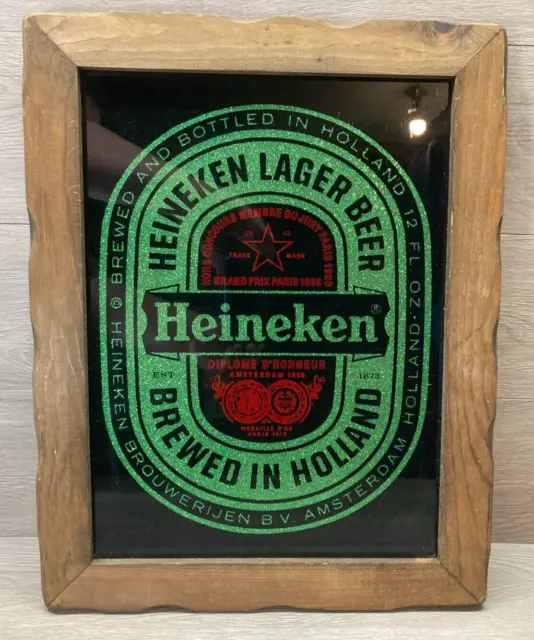 Vintage Heineken 15X19" Beer Advertising Sign Mirror Dark Wood Frame EUC glitter
