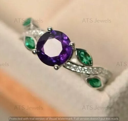 2.20 Ct Round Cut Lab-Created Amethyst Engagement Ring Real 925 Sterling Silver 2