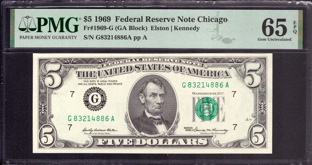 1969 $5 Federal Reserve Note Chicago Fr.1969-G Ga Block Pmg Gem Unc 65 Epq