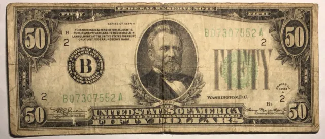 1934A green seal $50 bill. Federal Reserve Note B New York. Fine.  FR-2103B  #8