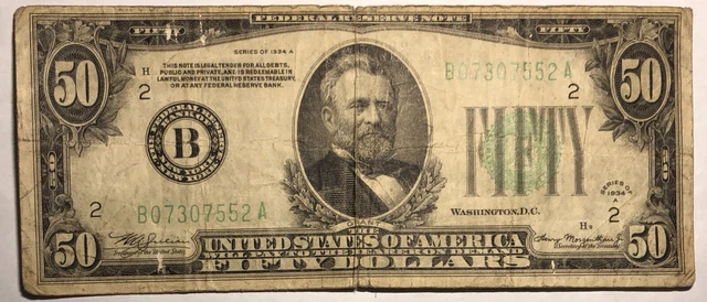 1934A green seal $50 bill. Federal Reserve Note B New York. Fine.  FR-2103B  #8