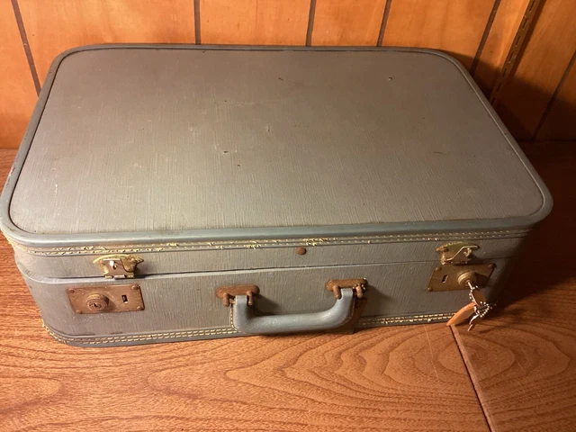 Vintage Mid Century Travel Luggage Hard Shell Suitcase Theatre Stage Prop Blue