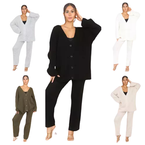 Ladies Chunky Knitted Button Up Cardigan Wide Leg Trousers Suit Lounge Wear Set