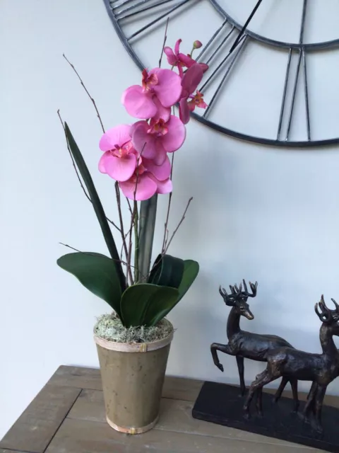 Pink Orchid Artificial Silk Luxury Flower Arrangement In Bamboo Effect Pot