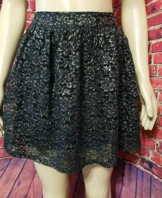 Shimmery Sequin Gold Black Floral Lace Skater Skirt Size Medium M Retro