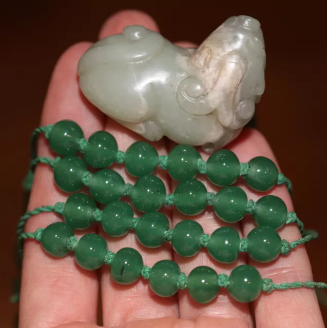 Antique Chinese carved jade foo dog & necklace, 19th century. Qing Dynasty. RARE