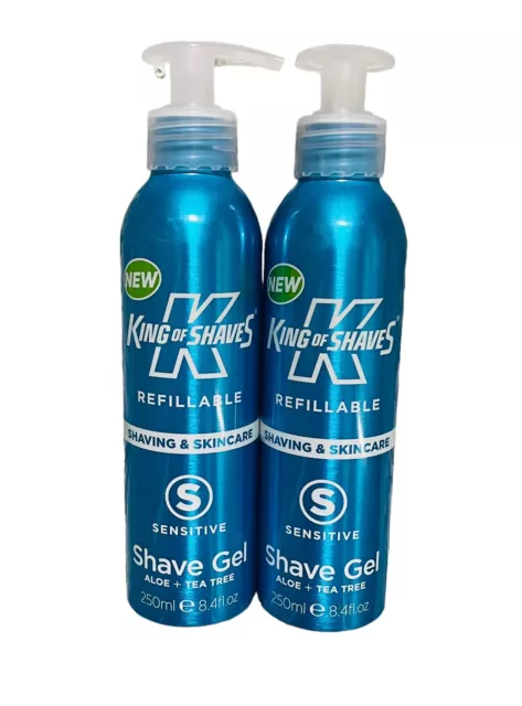 2x Bottiglia In Alluminio Ricaricabile Gel Aloe Sensibile King of Shaves 250ml