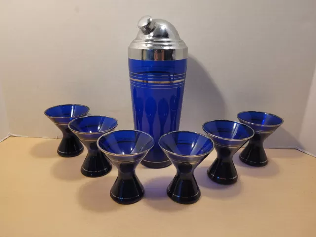 1940's Art Deco MCM Cobalt Blue w Silver Barware Set Cocktail Shaker 6 Glasses