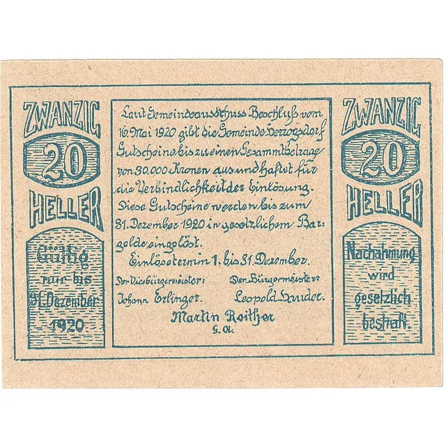 [#287909] Austria, Herzogsdorf, 20 Heller, paysage 1920-12-31, UNC, Mehl:FS 373,