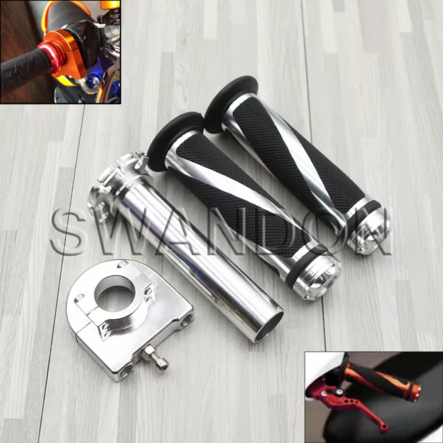 Motorcycle Motorbike Handlebar CNC Hand Grip & Throttle Twist Tube Silver 22mm