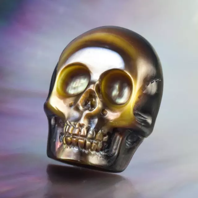 Skull Design Penguin-Wing Oyster Shell & Paua Abalone Carving Cabochon 3.65g