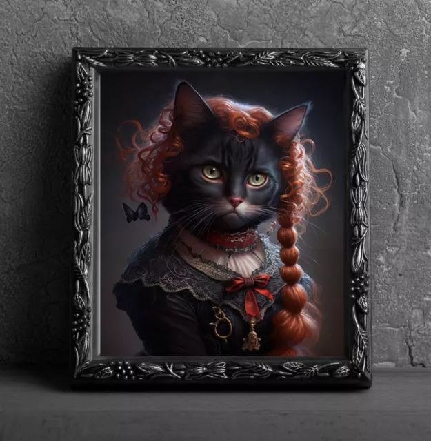 Victorian Black Cat Art Print Wall Hanging Animal Picture Photo Red Hair Gift