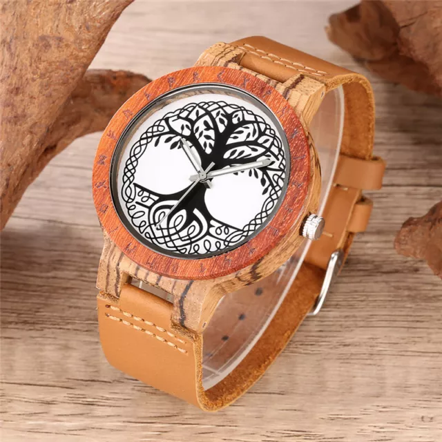 Casual Wood Watch Tree Dial Leather Band Men's Wooden Quartz Analogue Wristwatch