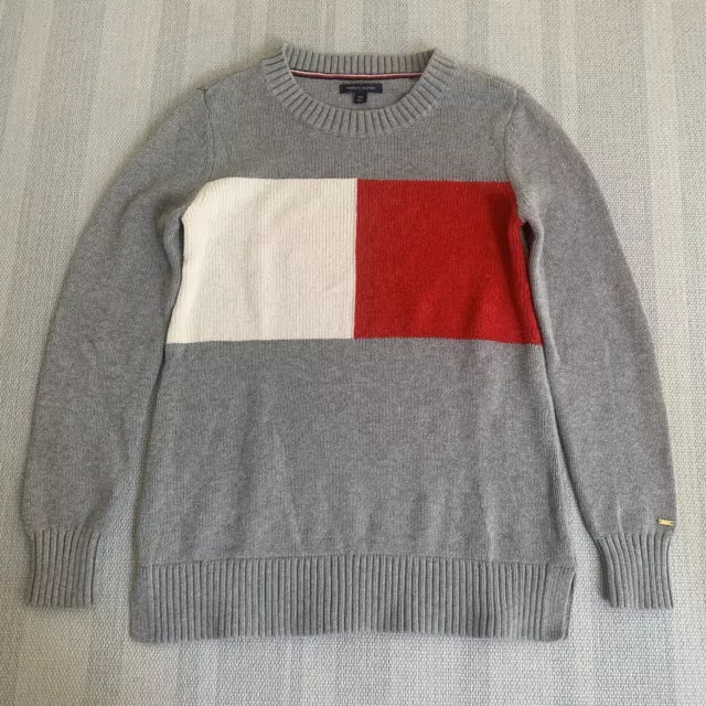 TOMMY HILFIGER Sweater Big Flag Logo Sz XS Grey Red Thick knit chunky Preppy