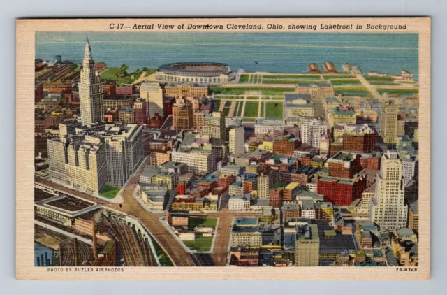 Cleveland OH-Ohio, Aerial View Downtown, Lakefront, Antique Vintage Postcard