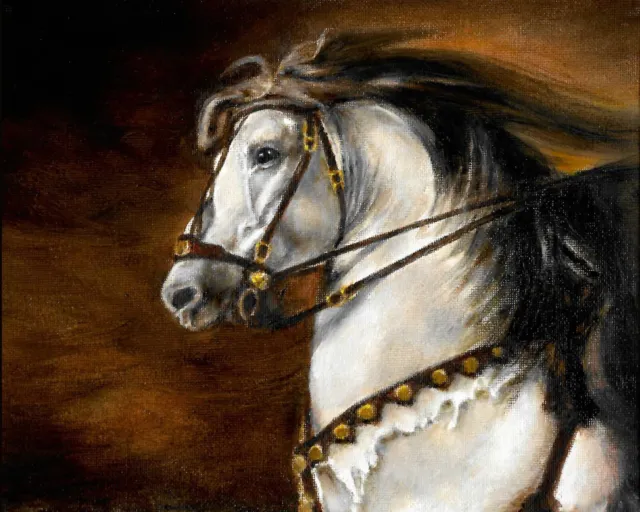 ❈ ORIGINAL Oil Portrait Painting CLASSICAL WHITE WAR HORSE PONY MARE Signed Art