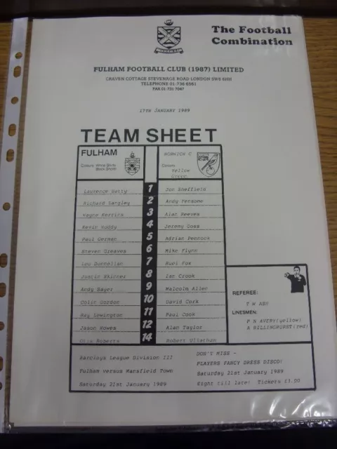 17/01/1989 Fulham Reserves v Norwich City Reserves  (single sheet). Any faults w