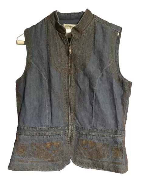 Coldwater Creek   Size S Fitted LINED ZIP VEST   Blue Denim + Brown Embroidery