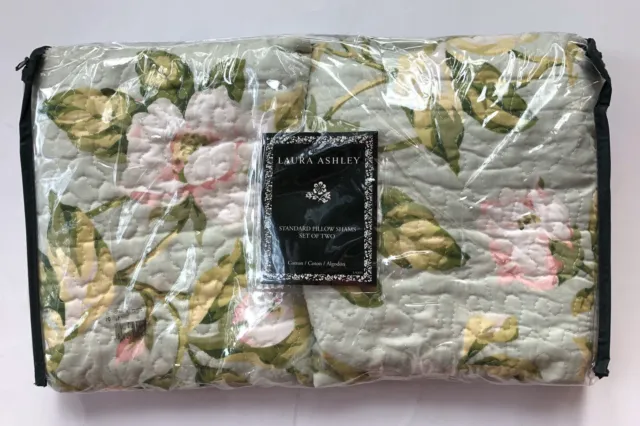 2 Laura Ashley Pink Rose Green Standard Quilted Pillow Shams Shabby Cottage Chic