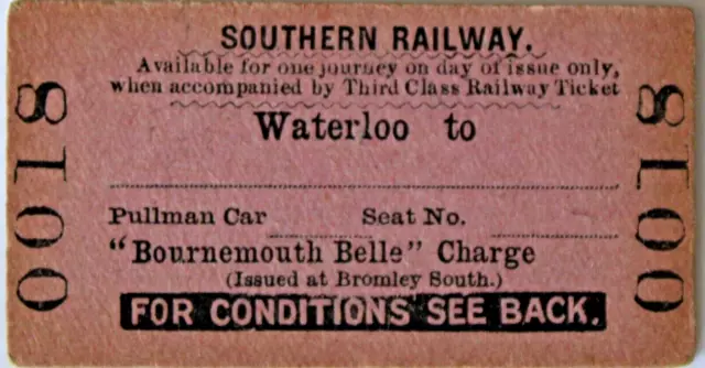 SOUTHERN RAILWAY - WATERLOO to. Pullman Car 'BOURNEMOUTH BELLE' from BROMLEY STH