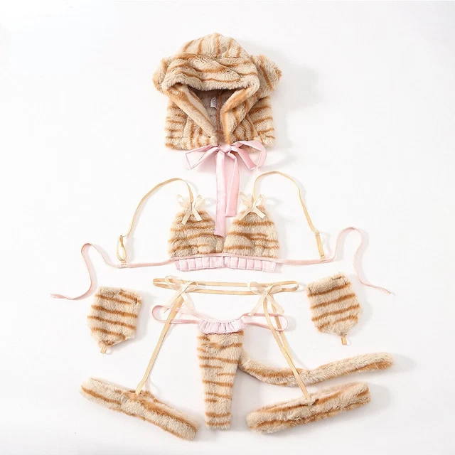 Tiger Stripe Bikini Girls Cosplay Sexy Sweatshirt Hat Bar Set Bandage Lingerie