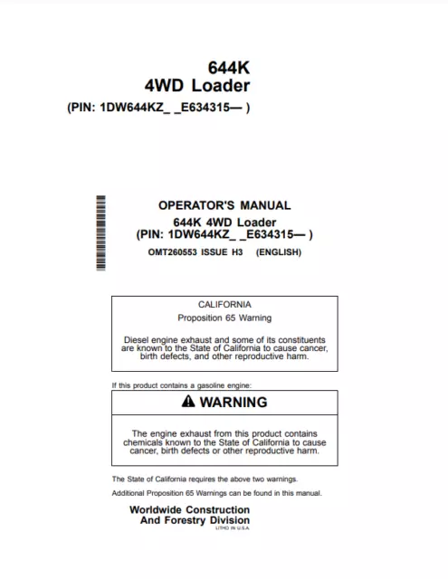 John Deere 644K 4WD Loader Operators Manual PDF/USB - OMT260553