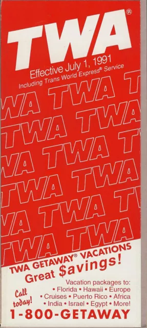 TWA Trans World Airlines system timetable 7/1/91 [308TW] Buy 4+ save 25%