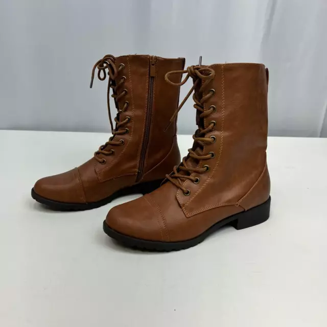 Forever Link Womens Combat Boots Brown Leather Zipper Mid Calf Block Lace Up 8.5