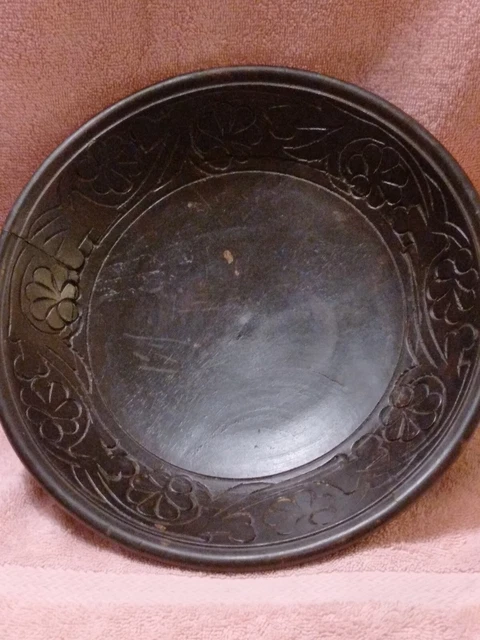 Vintage Wooden Hand Carved Salad Or Fruit Serving Round Bowl Oriental Palm...