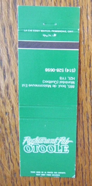 O'toole Pub Matchbook Cover: Montreal, Quebec Empty Matchcover -C18