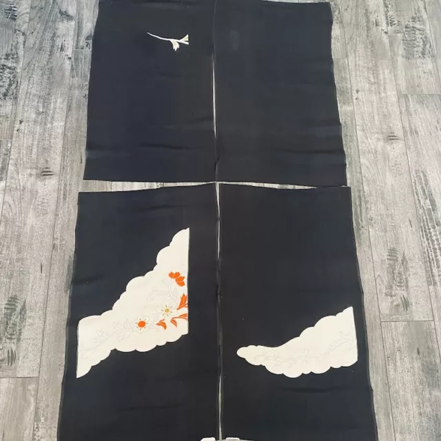 Orient #F SET 4 pc 13x22 Antique Tomesode Black Silk Kimono Fabric ToD59